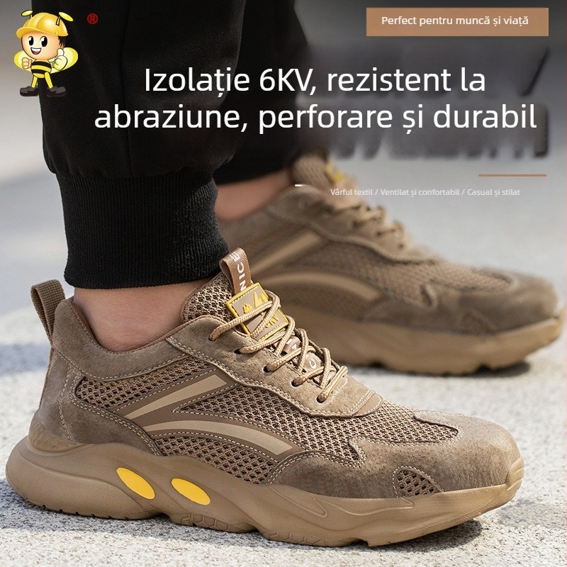 Încălțăminte de lucru cu talpă joasă, vârf din oțel, protecție antișoc și anti-perforație, partea superioară respirabilă din velur și plasă, rezistență la temperaturi înalte