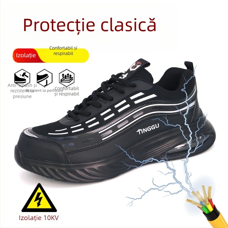Pantofi de lucru izolați pentru bărbați, anti-șoc și anti-perforație, ușori și respirabili, design de tip low-top, materiale: piele microfibră + plasă flywoven