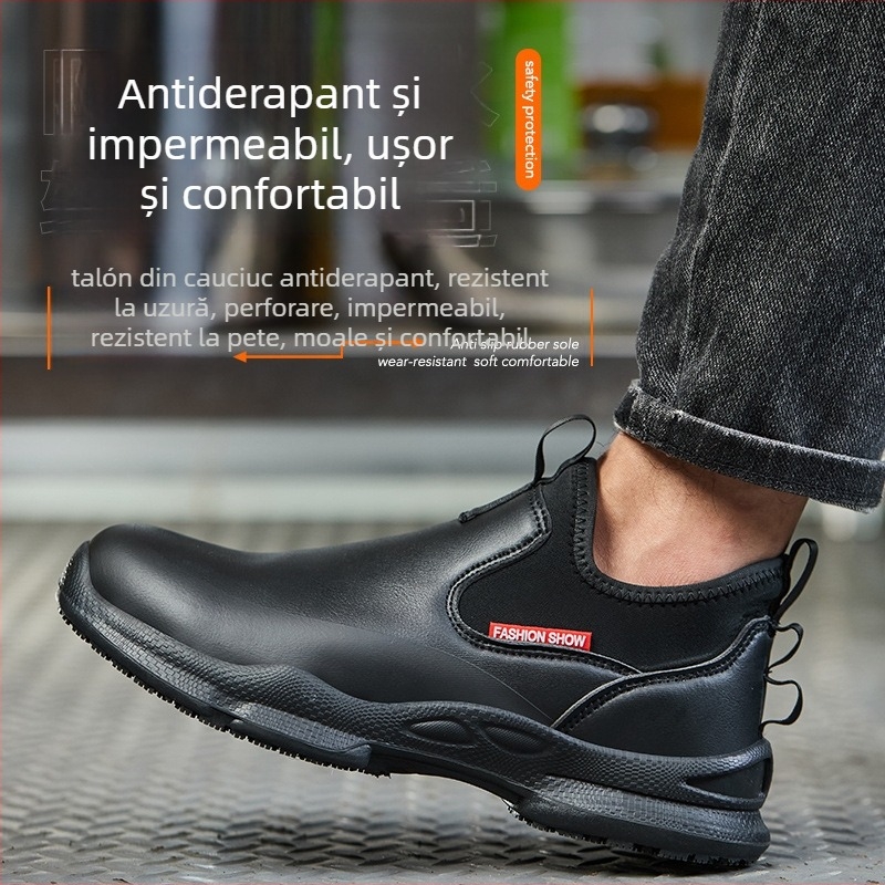 Pantofi de siguranță pentru bucătari, din piele microfibră, cu rezistență la perforare, design low-top și talpă antiderapantă
