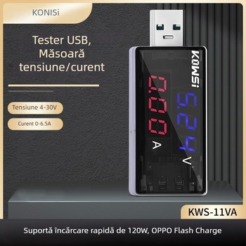 KWS-11VA tester USB digital cu voltmetru și ampermetru — 6,5 A, 120 W