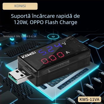 KWS-11VA tester USB digital cu voltmetru și ampermetru — 6,5 A, 120 W