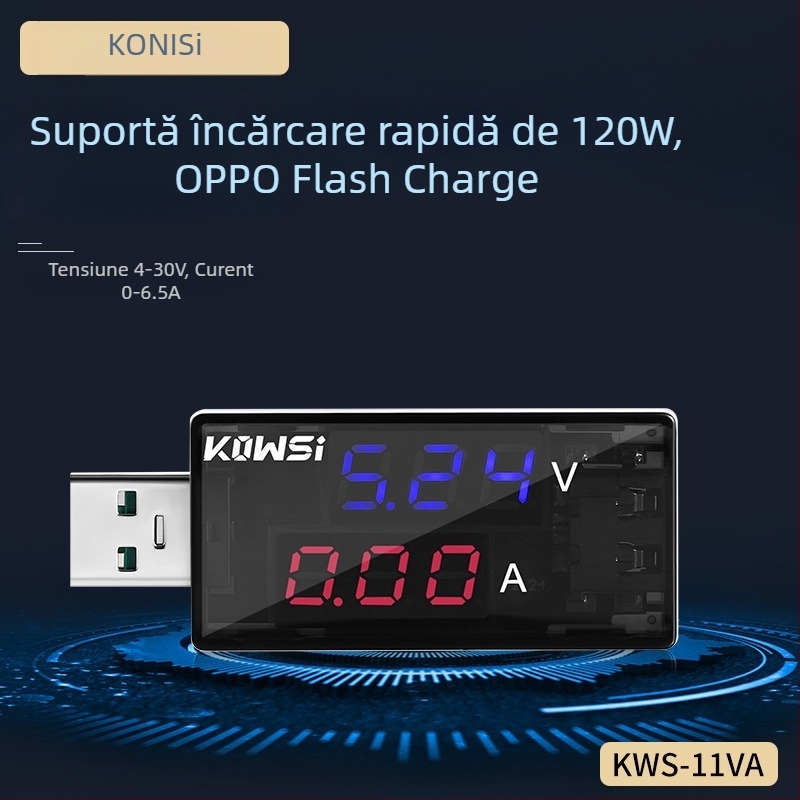 KWS-11VA tester USB digital cu voltmetru și ampermetru — 6,5 A, 120 W