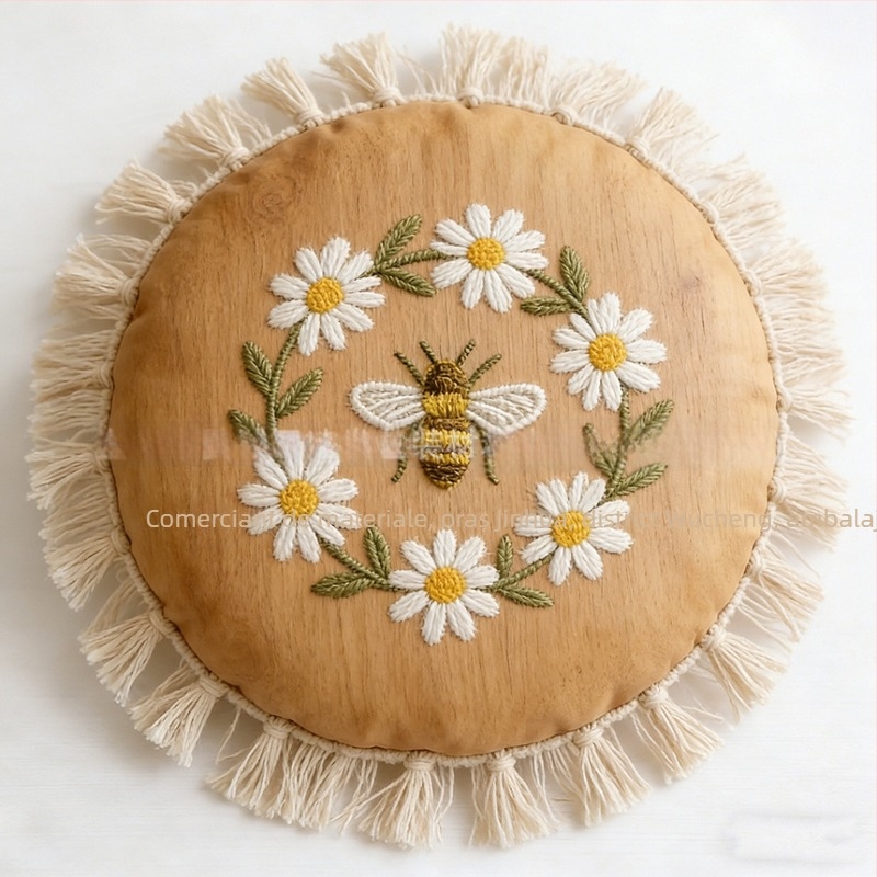 Set DIY broderie: model crizantemă cu albinuță pe țesătură cu fibre nețesute solubile în apă, bază adezivă, stil nordic, personalizabil