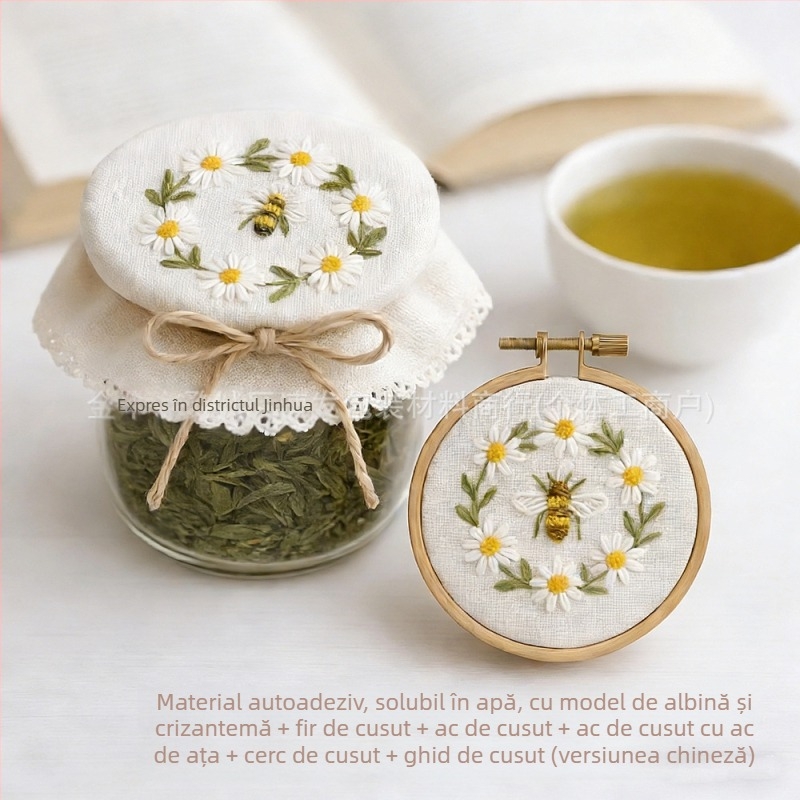 Set DIY broderie: model crizantemă cu albinuță pe țesătură cu fibre nețesute solubile în apă, bază adezivă, stil nordic, personalizabil