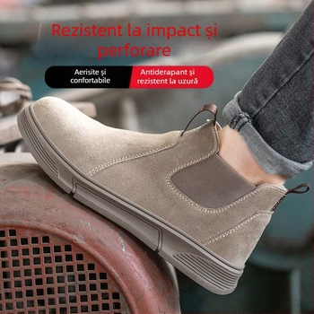 Încălțăminte de protecție la locul de muncă cu vârf din oțel, anti-perforație și anti-șoc, piele velurată de vită, gleznă de înălțime medie (Tip: Încălțăminte de protecție; Funcții: anti-perforație, anti-șoc; Material: piele velurată; Înălțime: medie; Vârf