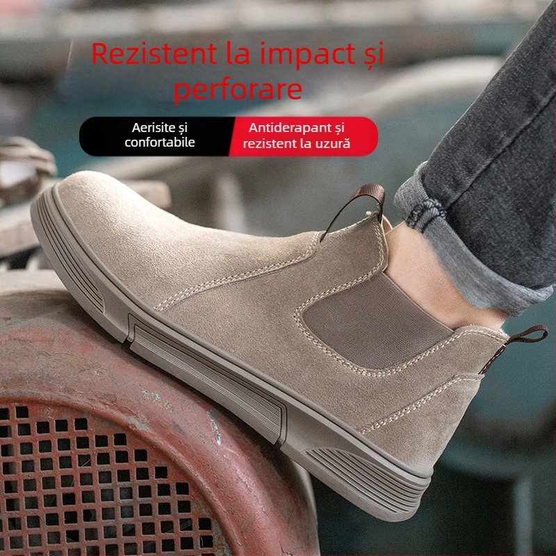Încălțăminte de protecție la locul de muncă cu vârf din oțel, anti-perforație și anti-șoc, piele velurată de vită, gleznă de înălțime medie (Tip: Încălțăminte de protecție; Funcții: anti-perforație, anti-șoc; Material: piele velurată; Înălțime: medie; Vârf