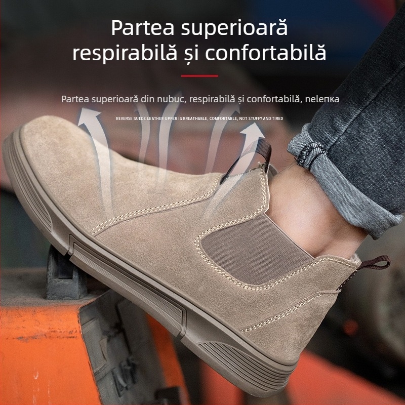 Încălțăminte de protecție la locul de muncă cu vârf din oțel, anti-perforație și anti-șoc, piele velurată de vită, gleznă de înălțime medie (Tip: Încălțăminte de protecție; Funcții: anti-perforație, anti-șoc; Material: piele velurată; Înălțime: medie; Vârf