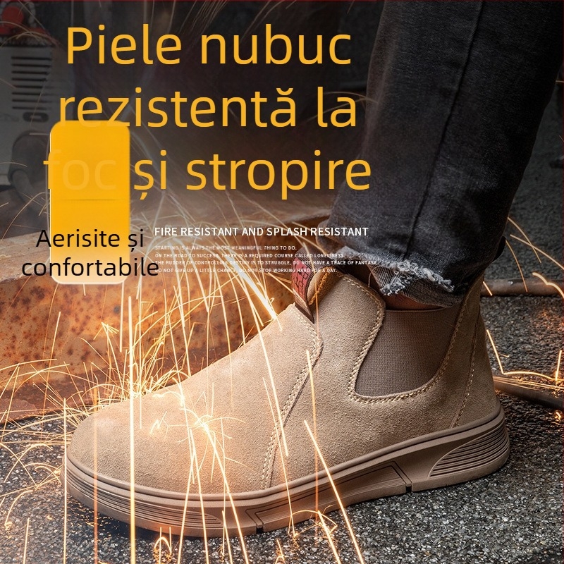Încălțăminte de protecție la locul de muncă cu vârf din oțel, anti-perforație și anti-șoc, piele velurată de vită, gleznă de înălțime medie (Tip: Încălțăminte de protecție; Funcții: anti-perforație, anti-șoc; Material: piele velurată; Înălțime: medie; Vârf