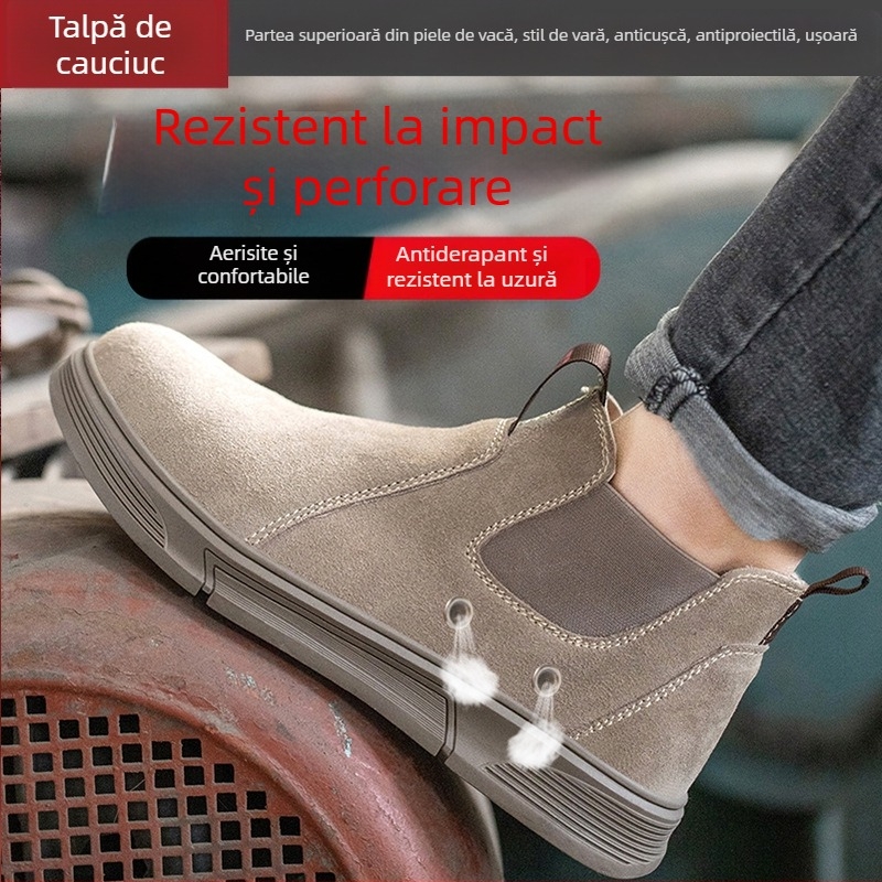 Încălțăminte de protecție la locul de muncă cu vârf din oțel, anti-perforație și anti-șoc, piele velurată de vită, gleznă de înălțime medie (Tip: Încălțăminte de protecție; Funcții: anti-perforație, anti-șoc; Material: piele velurată; Înălțime: medie; Vârf