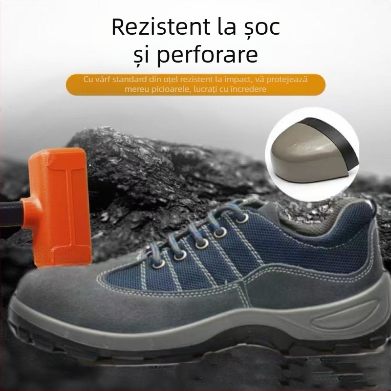 Pantofi de protecție pentru bărbați, respirabili, anti-șoc și anti-perforație, ușori, din piele nubuc, vârf din oțel