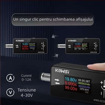 Detector de Încărcare KWS-DC28 cu 12A curent înalt, interfață DC5525, voltmetru și wattmetru