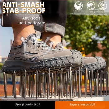 Pantofi de protecție de vară pentru bărbați: anti-alunecare, anti-șoc și anti-punctură, din piele microfibră respirabilă cu vârf din plastic