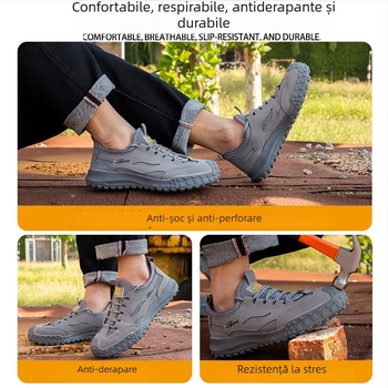 Pantofi de protecție de vară pentru bărbați: anti-alunecare, anti-șoc și anti-punctură, din piele microfibră respirabilă cu vârf din plastic