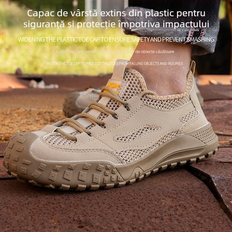 Pantofi de protecție de vară pentru bărbați: anti-alunecare, anti-șoc și anti-punctură, din piele microfibră respirabilă cu vârf din plastic