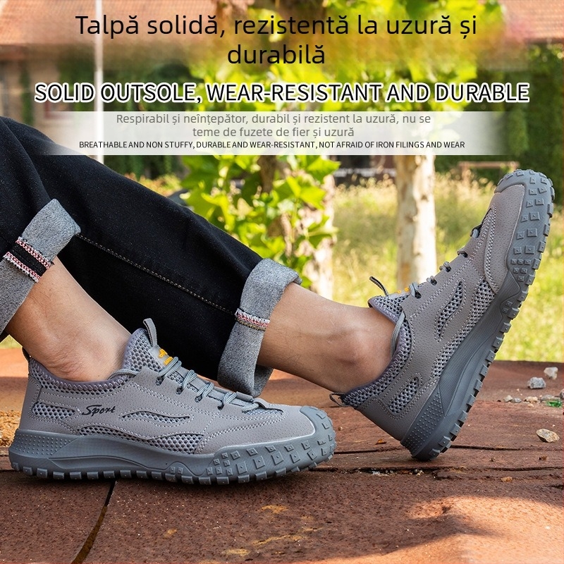 Pantofi de protecție de vară pentru bărbați: anti-alunecare, anti-șoc și anti-punctură, din piele microfibră respirabilă cu vârf din plastic