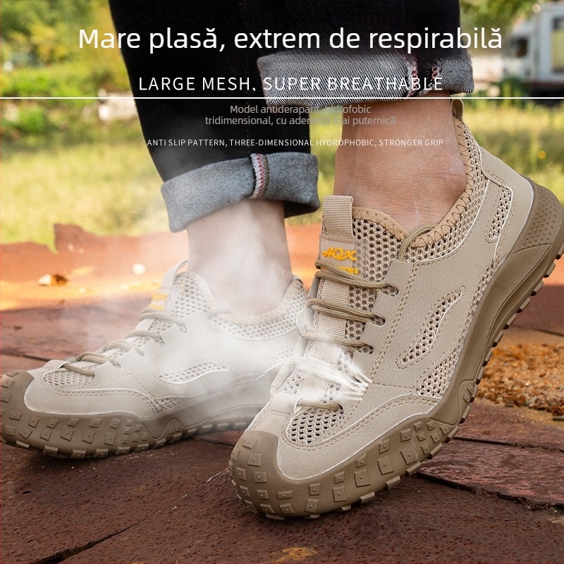Pantofi de protecție de vară pentru bărbați: anti-alunecare, anti-șoc și anti-punctură, din piele microfibră respirabilă cu vârf din plastic