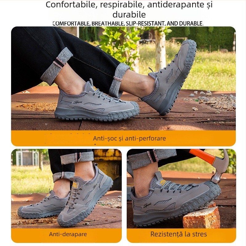 Pantofi de protecție de vară pentru bărbați: anti-alunecare, anti-șoc și anti-punctură, din piele microfibră respirabilă cu vârf din plastic