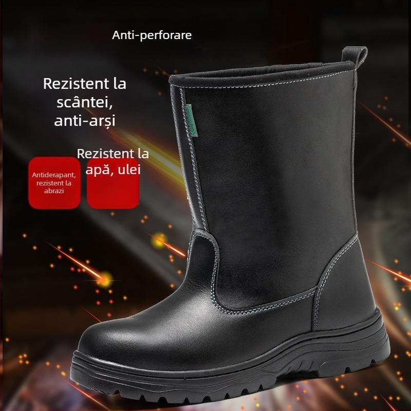 Pantofi de protecție cu gleznă înaltă, protecție antișoc și anti-perforație, vârf din oțel, rezistenți la uleiuri, acizi și alcalii, din piele microfibră