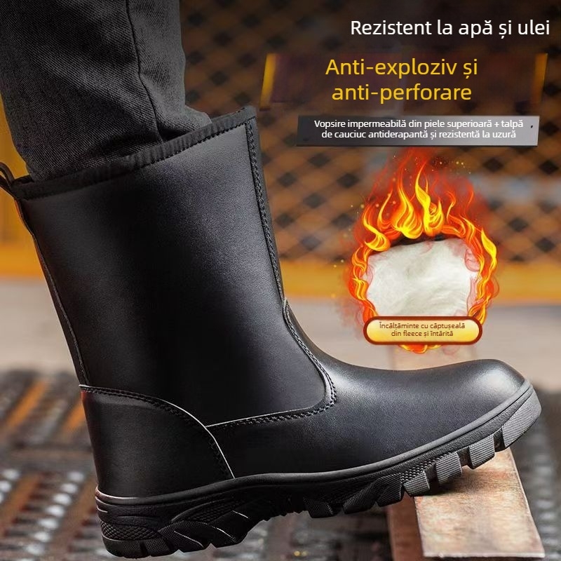 Pantofi de protecție cu gleznă înaltă, protecție antișoc și anti-perforație, vârf din oțel, rezistenți la uleiuri, acizi și alcalii, din piele microfibră