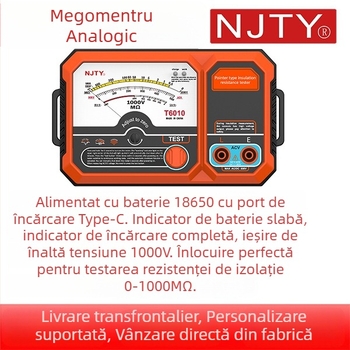 Megohometru analog T6010 – măsoară până la 1000 V, rezistența de izolație 2000 MΩ, alimentat cu baterie 18650, AC 500 V