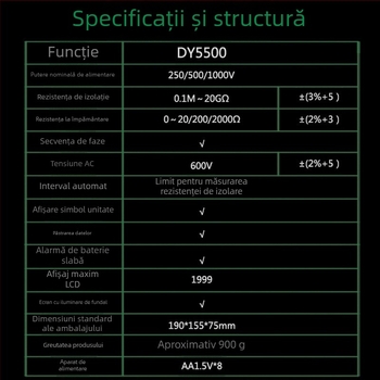 Măsurător digital multifuncțional pentru rezistența de împământare, cu măsurarea secvenței de fază a tensiunii și a distribuției, Megohmmeter DY5500