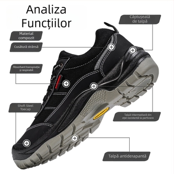 Langmeng Pantofi de Protecție din Piele pentru Muncă, Vârf din Oțel, Anti-Perforație, Antiderapant, Talpă Joasă