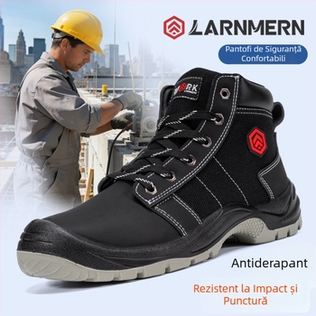 Langmeng Pantofi de Protecție din Piele pentru Muncă, Vârf din Oțel, Anti-Perforație, Antiderapant, Talpă Joasă