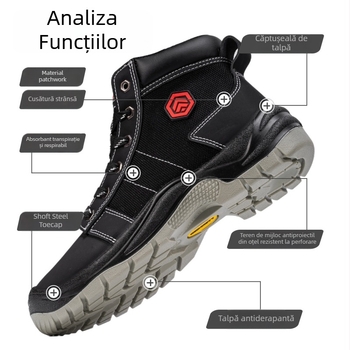 Langmeng Pantofi de Protecție din Piele pentru Muncă, Vârf din Oțel, Anti-Perforație, Antiderapant, Talpă Joasă