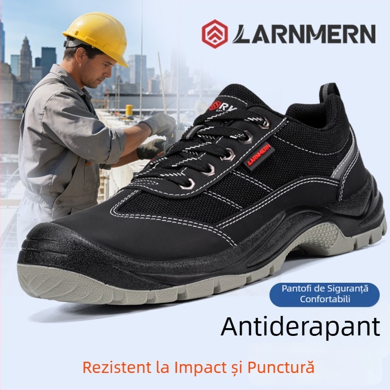 Langmeng Pantofi de Protecție din Piele pentru Muncă, Vârf din Oțel, Anti-Perforație, Antiderapant, Talpă Joasă