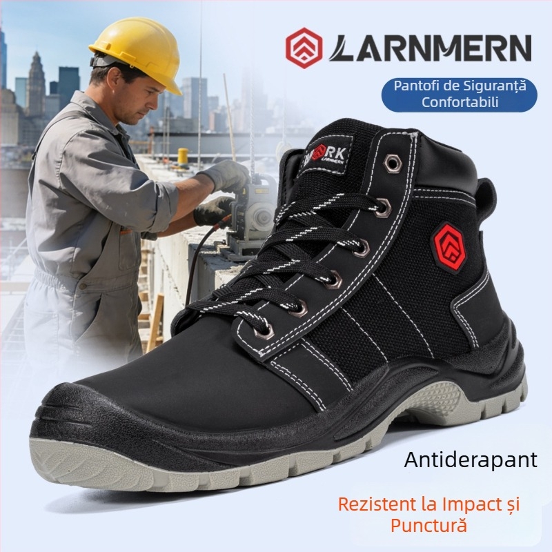 Langmeng Pantofi de Protecție din Piele pentru Muncă, Vârf din Oțel, Anti-Perforație, Antiderapant, Talpă Joasă