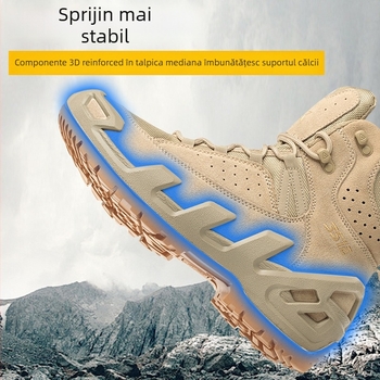 Ghete tactice de drumeție, respirante și anti-perforație; material: nubuc + țesătură cu sârmă de oțel; partea superioară: înălime medie; caracteristici: anti-perforație