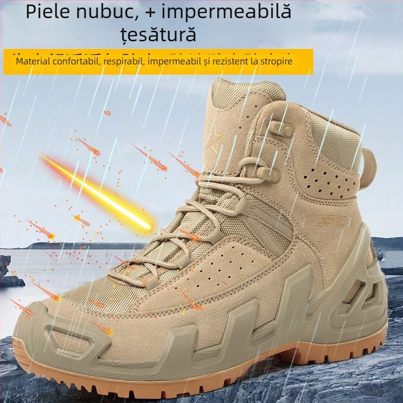 Ghete tactice de drumeție, respirante și anti-perforație; material: nubuc + țesătură cu sârmă de oțel; partea superioară: înălime medie; caracteristici: anti-perforație