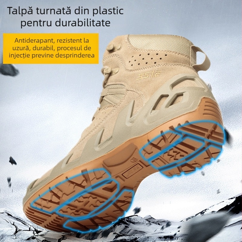 Ghete tactice de drumeție, respirante și anti-perforație; material: nubuc + țesătură cu sârmă de oțel; partea superioară: înălime medie; caracteristici: anti-perforație