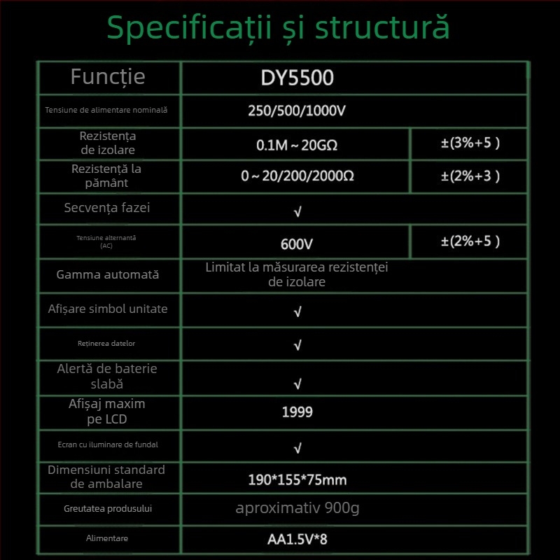 DY5500 Măsurător Digital Multifuncțional pentru Rezistența de Împământare cu Măsurarea Secvenței Fazelor a Tensiunii