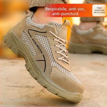Pantofi de protecție pentru muncă cu vârf metalic, exterior din suede și plasă respirabilă, design cu talpă joasă, protecție împotriva loviturilor și perforării