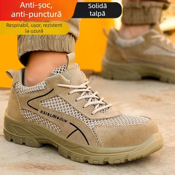 Pantofi de protecție pentru muncă cu vârf metalic, exterior din suede și plasă respirabilă, design cu talpă joasă, protecție împotriva loviturilor și perforării