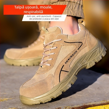 Pantofi de protecție pentru muncă cu vârf metalic, exterior din suede și plasă respirabilă, design cu talpă joasă, protecție împotriva loviturilor și perforării