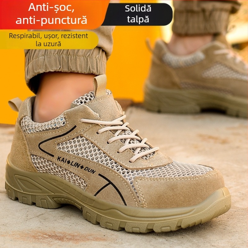 Pantofi de protecție pentru muncă cu vârf metalic, exterior din suede și plasă respirabilă, design cu talpă joasă, protecție împotriva loviturilor și perforării