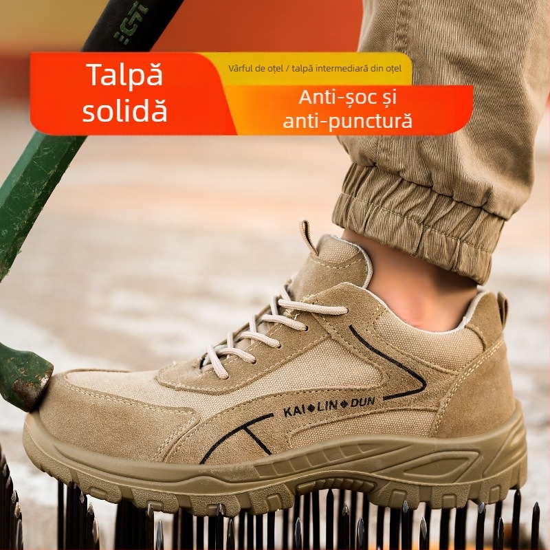 Pantofi de protecție pentru muncă cu vârf metalic, exterior din suede și plasă respirabilă, design cu talpă joasă, protecție împotriva loviturilor și perforării