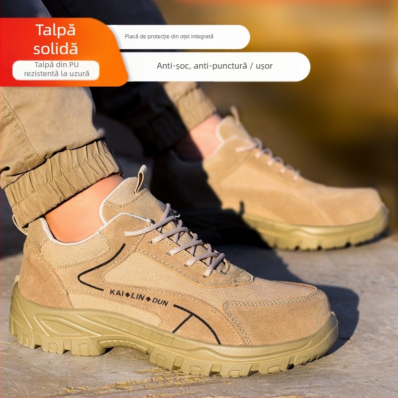 Pantofi de protecție pentru muncă cu vârf metalic, exterior din suede și plasă respirabilă, design cu talpă joasă, protecție împotriva loviturilor și perforării