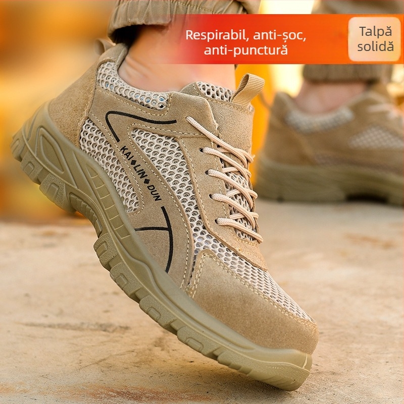 Pantofi de protecție pentru muncă cu vârf metalic, exterior din suede și plasă respirabilă, design cu talpă joasă, protecție împotriva loviturilor și perforării