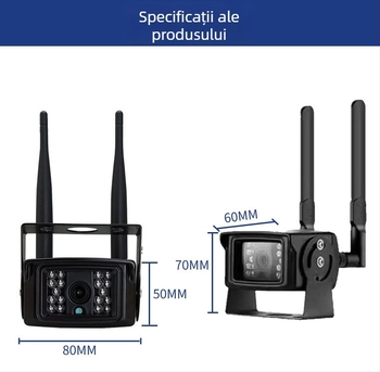 Camera wireless pentru mașină cu rezoluție 1080p, unghi de vizualizare de 110°, obiectiv de 2.8 mm, alimentare 12V, vizibilitate IR până la 15 m.