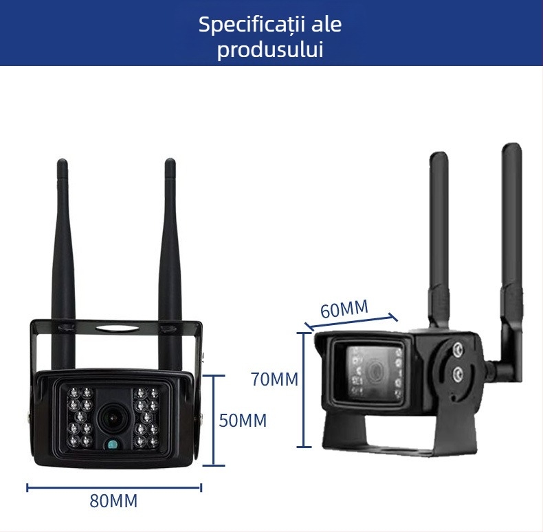 Camera wireless pentru mașină cu rezoluție 1080p, unghi de vizualizare de 110°, obiectiv de 2.8 mm, alimentare 12V, vizibilitate IR până la 15 m.