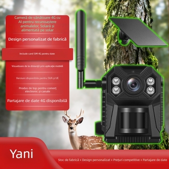 Cameră de vânătoare alimentată solar, 4G, cu recunoaștere AI a animalelor, vizionare nocturnă infraroșu și supraveghere 4K pentru exterior