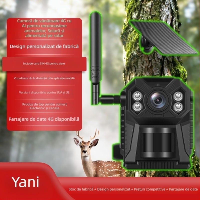 Cameră de vânătoare alimentată solar, 4G, cu recunoaștere AI a animalelor, vizionare nocturnă infraroșu și supraveghere 4K pentru exterior