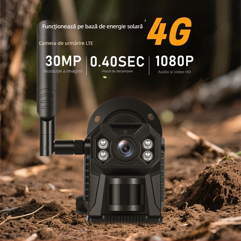 Cameră de vânătoare alimentată solar, 4G, cu recunoaștere AI a animalelor, vizionare nocturnă infraroșu și supraveghere 4K pentru exterior