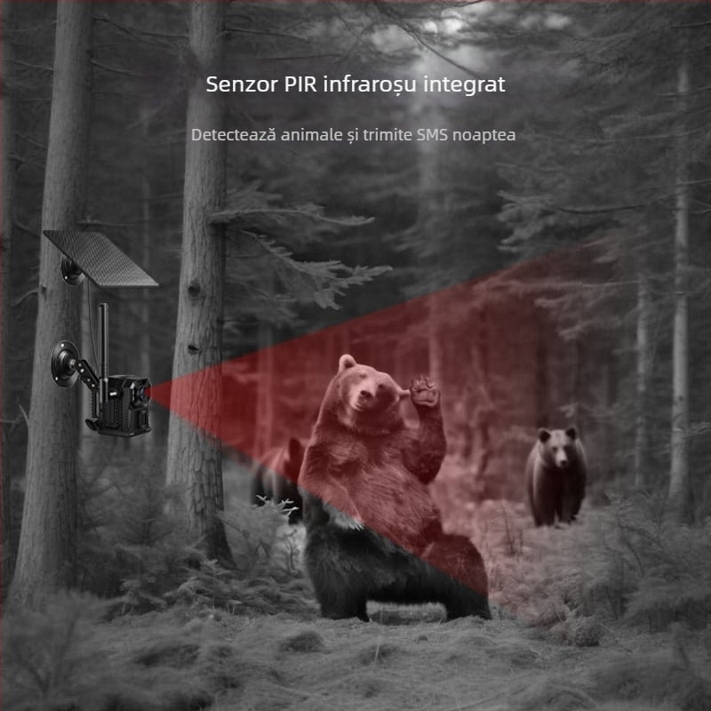 Cameră de vânătoare alimentată solar, 4G, cu recunoaștere AI a animalelor, vizionare nocturnă infraroșu și supraveghere 4K pentru exterior
