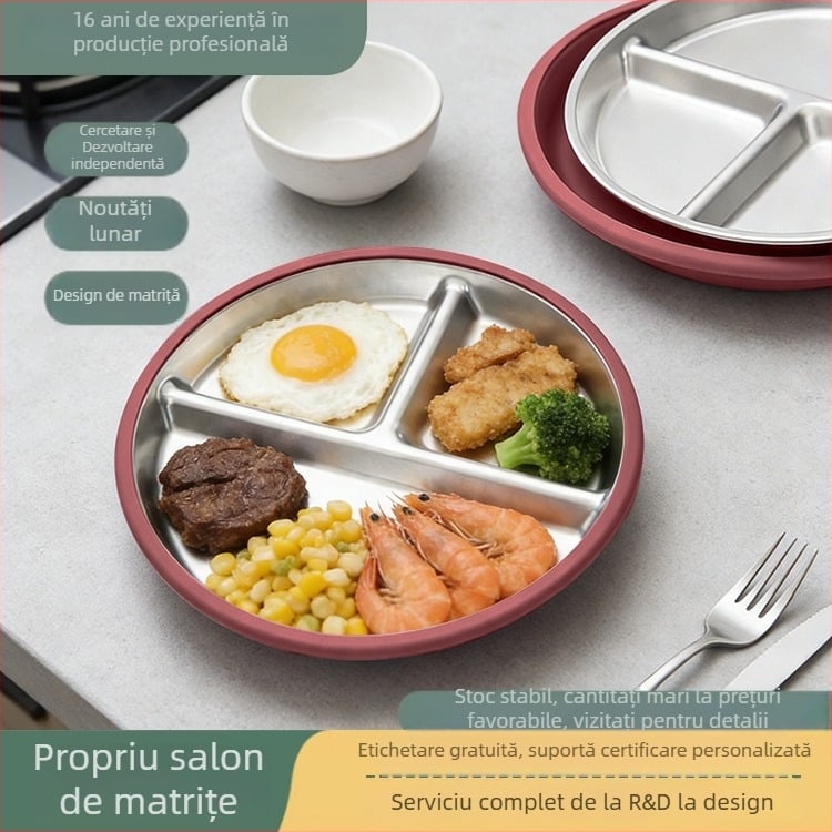 Farfurie de hrănire pentru bebeluți cu trei compartimente, din oțel inoxidabil 304, stil minimalist, potrivită de la 6 luni în sus, set unic