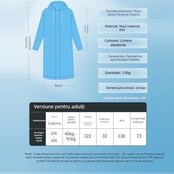 Pelerină de ploaie EVA, țesătură groasă, strat impermeabil cu adeziv PVC, pentru drumeții