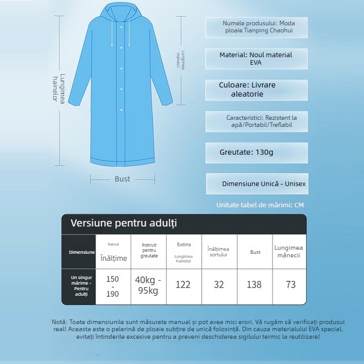 Pelerină de ploaie EVA, țesătură groasă, strat impermeabil cu adeziv PVC, pentru drumeții